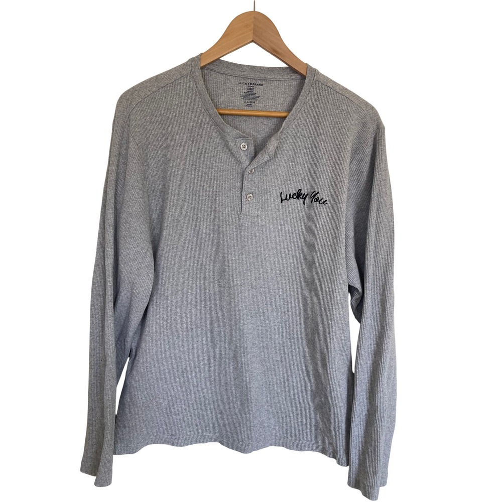 Lucky Brand Men Gray Waffle Knit Henley Sleepwear Shirt Lucky You Large